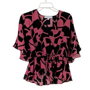 Sweet Rain‎ Pink Black Abstract Geometric Print Peplum Top Size Small NWT